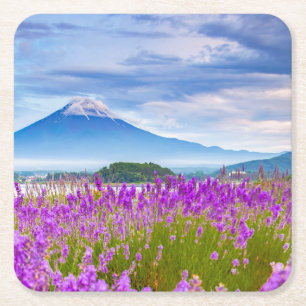 Flowers Mount Fugi Japan Square Paper Coaster