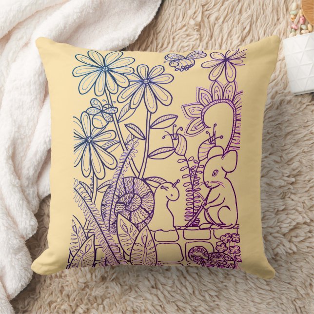 Flowers, Mouse and Snail and plaid back  Throw Pillow (Blanket)