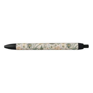Flowers mushroom and butterfly vintage pattern black ink pen