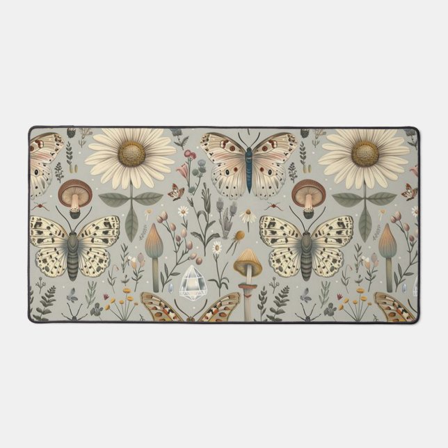 Flowers mushroom and butterfly vintage pattern desk mat (Front)