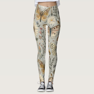Flowers mushroom and butterfly vintage pattern leggings