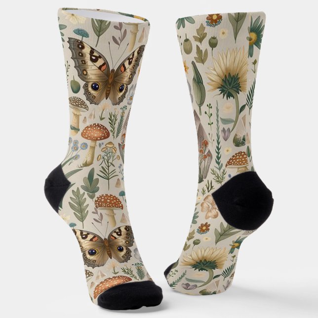 Flowers mushroom and butterfly vintage pattern socks (Angled)