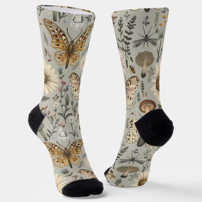 Flowers mushroom and butterfly vintage pattern socks (Angled)