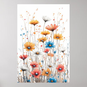 Flowers Nature Illustration Pastel Colour Drawing Poster