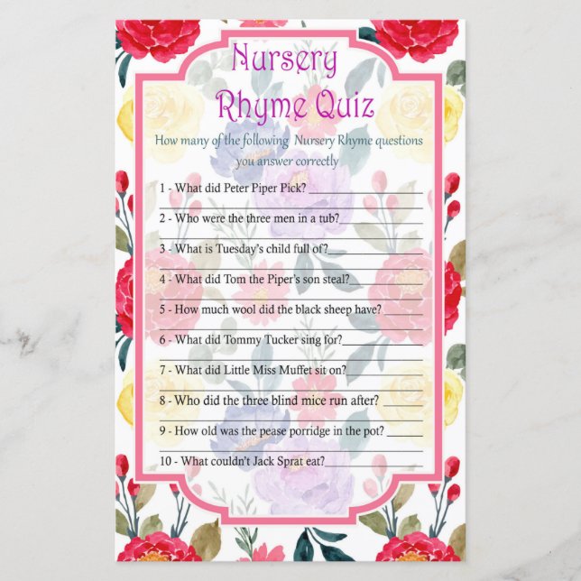 Flowers Nursery Rhyme Quiz baby shower game (Front)