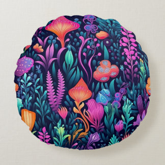 Flowers of the Sea - Aqua Flora Round Pillow