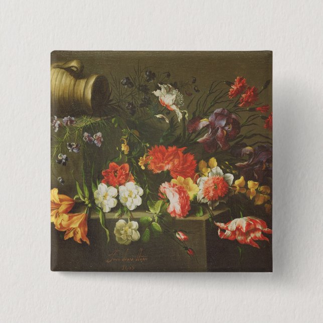 Flowers on a Ledge, 1665 2 Inch Square Button (Front)