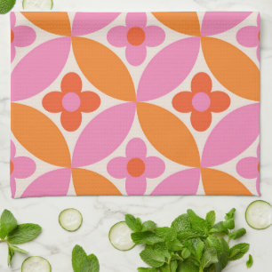 Flowers on Mid Century Pink Orange Circles Kitchen Towel