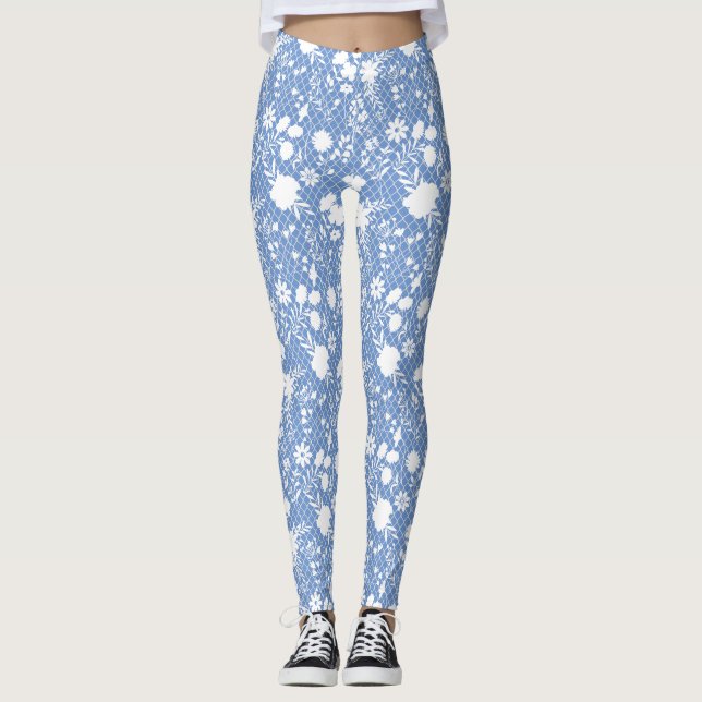 Flowers on net 01.bx4 Lblue BG Leggings (Front)