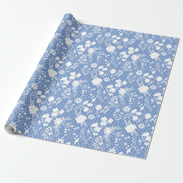 Flowers on net 01.bx4 Lblue BG Wrapping Paper (Unrolled)