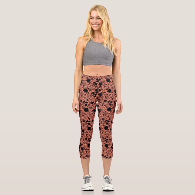 Flowers on net 01.wx4 Orange BG Capri Leggings (Front)