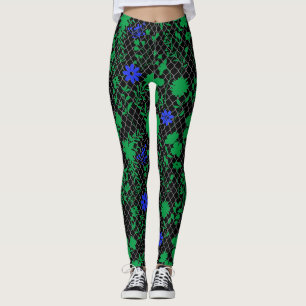 Flowers on net green.01.b FNG01A.Black BG Leggings