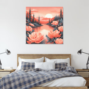 Flowers on Peach Coral AI art Canvas Print