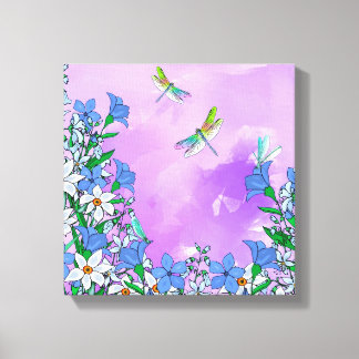 Flowers on purple with dragonflies canvas print