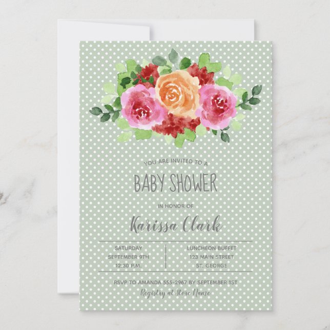 Flowers on Sage Green Unisex Baby Shower Invites (Front)