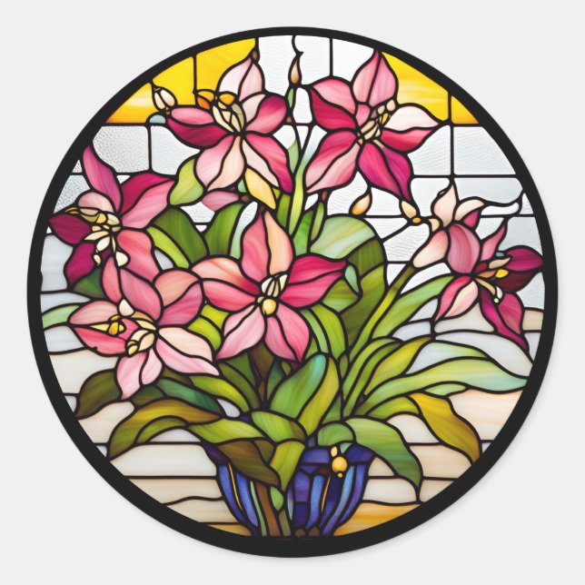 Flowers on Stained Glass Classic Round Sticker (Front)