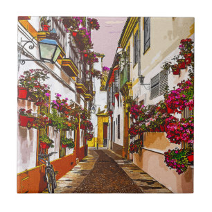 Flowers on the street. Cordoba, Andalusia, Spain.  Tile