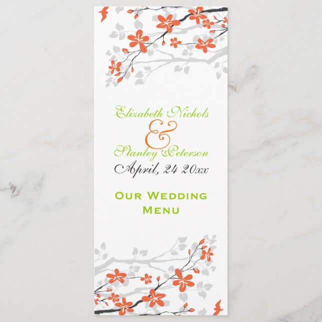 Flowers orange lime green wedding Menu card (Front)
