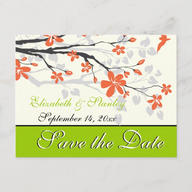 Flowers orange lime green wedding Save the Date Announcement Postcard (Front)