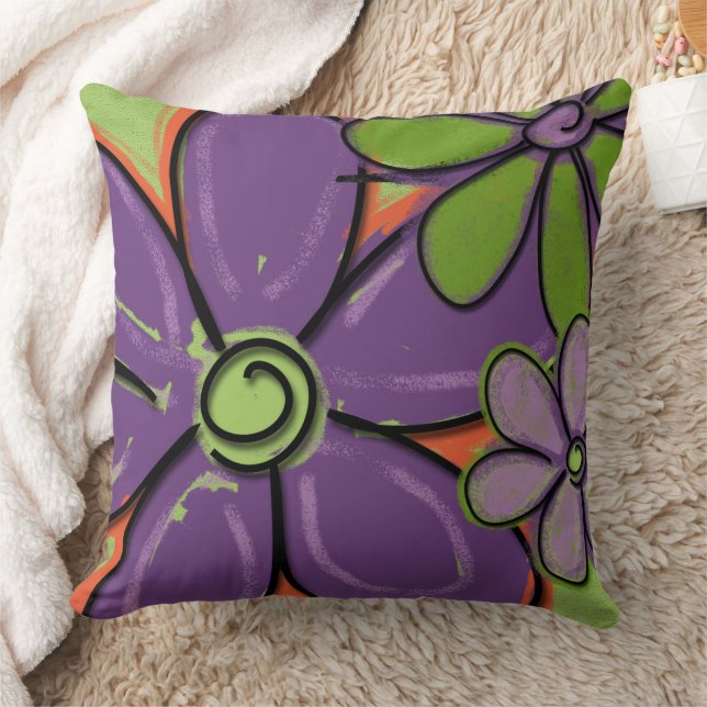 Flowers Painted Purple and Green Throw Pillow (Blanket)