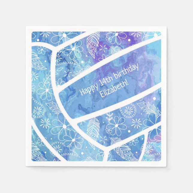 Flowers paislies feathers pattern blue volleyball napkin (Front)