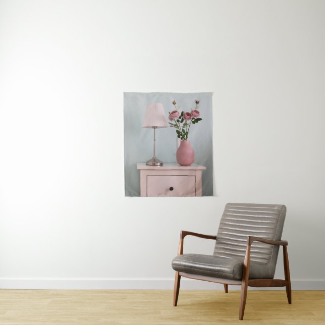 Flowers | Pale Pink Roses on Nightstand Tapestry (In Situ)