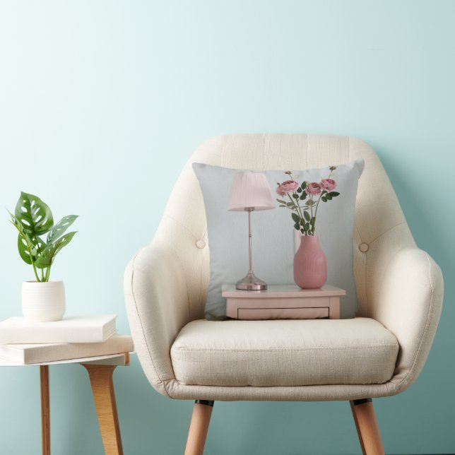 Flowers | Pale Pink Roses on Nightstand Throw Pillow (Chair)