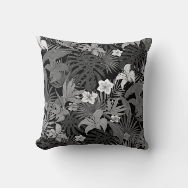 Flowers & Palm Leaves in Grey Shades Throw Pillow (Front)