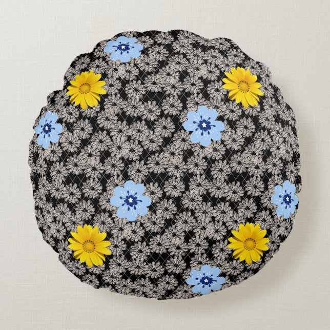 Flowers pattern 19.b. Black BG Round Pillow (Front)