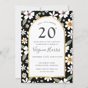 Flowers Pattern Black Twenty 20th Birthday Invitation