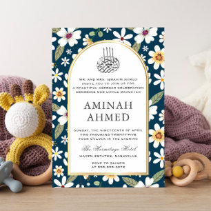 Flowers Pattern Navy Islamic Aqiqa Aqeeqa Baby Invitation