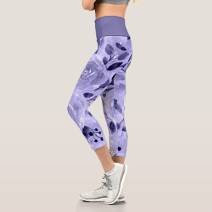 Flowers Pattern Purple Lavender Watercolor Roses Capri Leggings