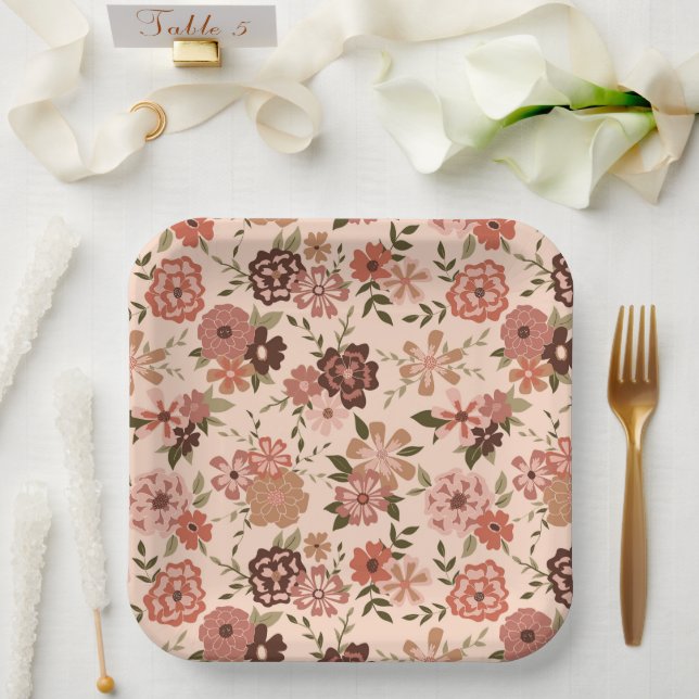 Flowers Peach Brown Botanical Event Paper Plate (Wedding)