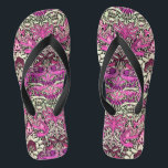 FLOWERS,PEACOCKS AND DRAGONS ,Pink BLack White Flip Flops<br><div class="desc">Colourful, elegant and classic floral design with swirls,  peacock, bird and dragon figures in pink, black white fuchsia violet purple colours re elaborated from vintage textile fabric</div>