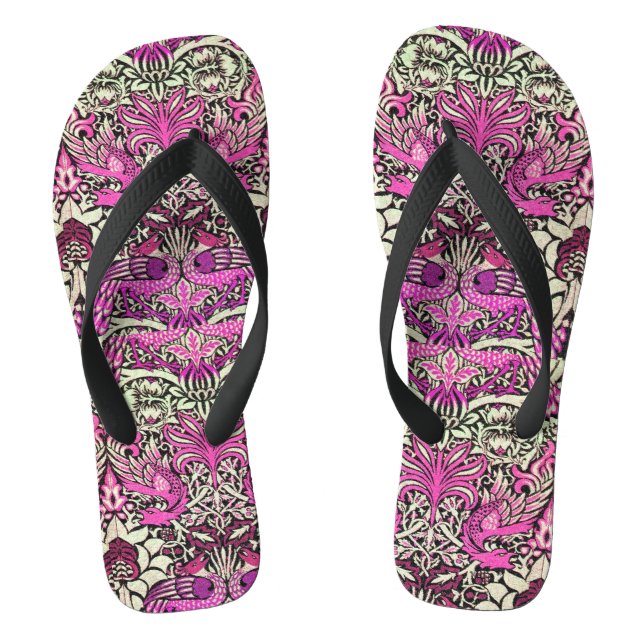 FLOWERS,PEACOCKS AND DRAGONS ,Pink BLack White Flip Flops (Footbed)