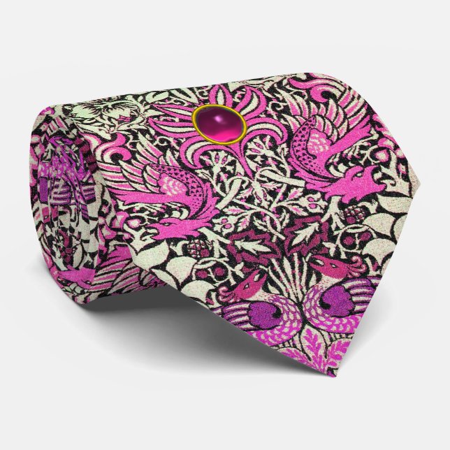 FLOWERS,PEACOCKS AND DRAGONS PINK GEM STONE TIE (Rolled)