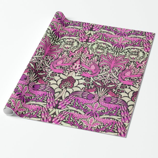 FLOWERS,PEACOCKS AND DRAGONS Pink Purple Wrapping Paper (Unrolled)
