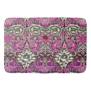 FLOWERS,PEACOCKS AND DRAGONS,PINK WHITE GEM STONES BATH MAT