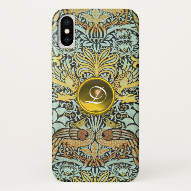FLOWERS,PEACOCKS AND DRAGONS YELLOW GEM MONOGRAM Case-Mate iPhone CASE (Back)
