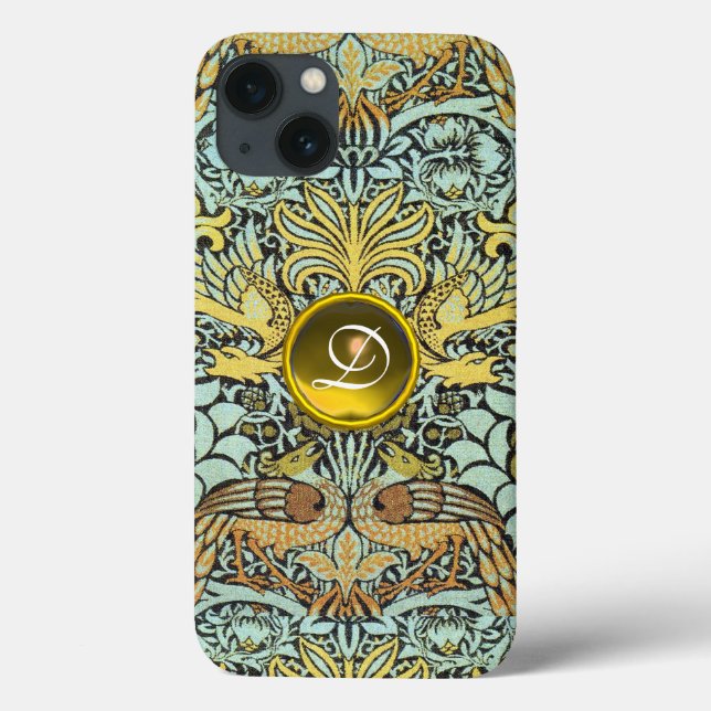 FLOWERS,PEACOCKS AND DRAGONS YELLOW GEM MONOGRAM Case-Mate iPhone CASE (Back)