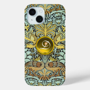 FLOWERS,PEACOCKS AND DRAGONS YELLOW GEM MONOGRAM iPhone 15 CASE
