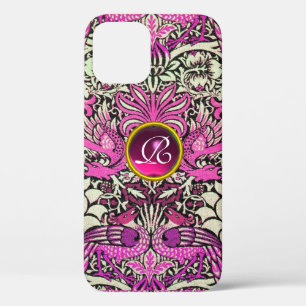 FLOWERS,PEACOCKS, DRAGONS, PINK GEM STONE MONOGRAM iPhone 12 CASE