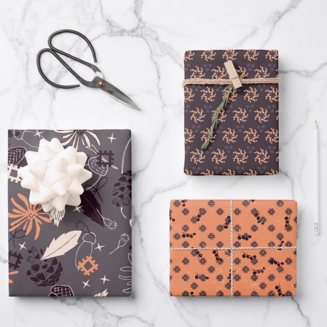 Flowers, pine cones, acorns, stars, berries on wrapping paper sheet (Front)