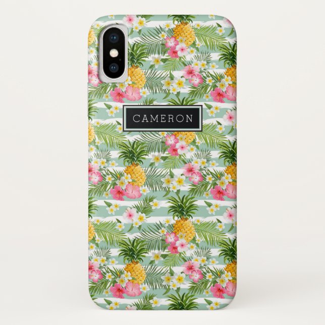 Flowers & Pineapple Teal Stripes | Add Your Name Case-Mate iPhone Case (Back)