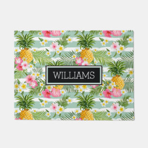 Flowers & Pineapple Teal Stripes   Add Your Name Doormat