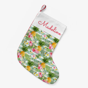 Flowers & Pineapple Teal Stripes   Add Your Name Small Christmas Stocking