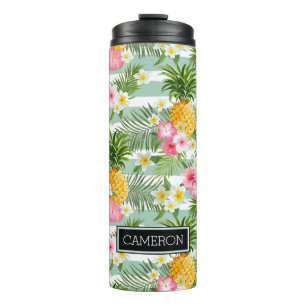 Flowers & Pineapple Teal Stripes Add Your Name Thermal Tumbler
