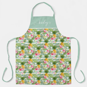 Flowers & Pineapple Teal Stripes Apron