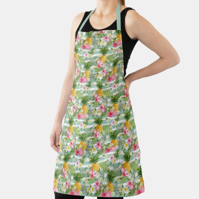 Flowers & Pineapple Teal Stripes Apron (Insitu)