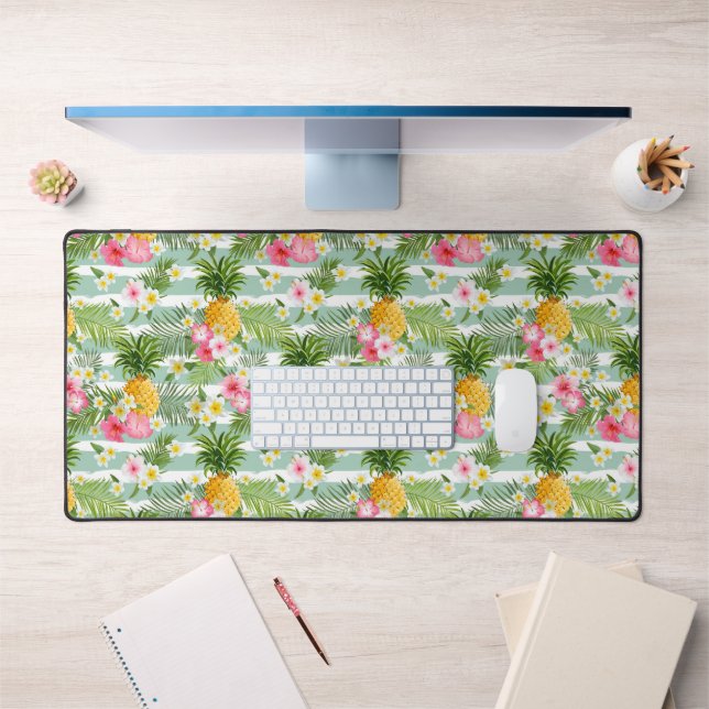 Flowers & Pineapple Teal Stripes Desk Mat (Office 1)